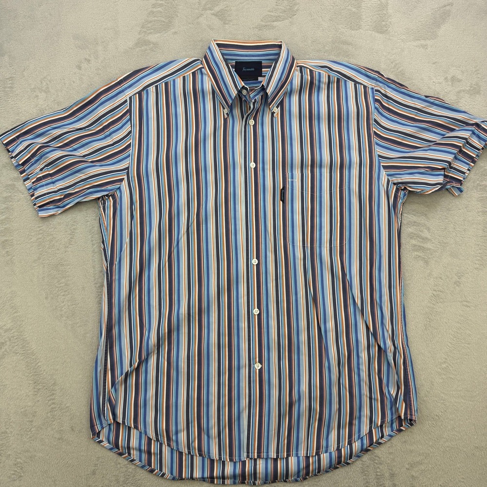 Faconnable Button Down Shirt Mens Large Blue Orange Striped Short‎ Sleeve Preppy